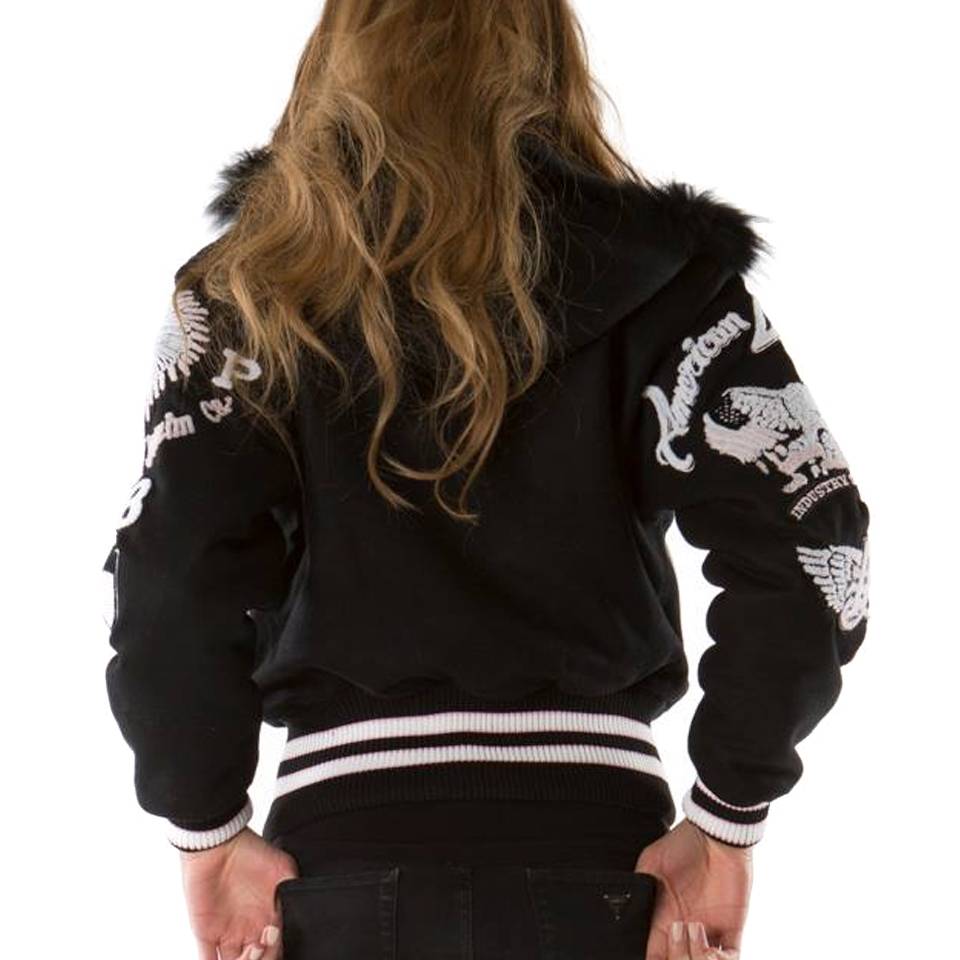 Pelle Pelle Women American Legend Varsity Black Fur Hood Wool Jacket