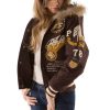 Pelle Pelle Women American Legend Varsity Brown Fur Hood Wool Jacket