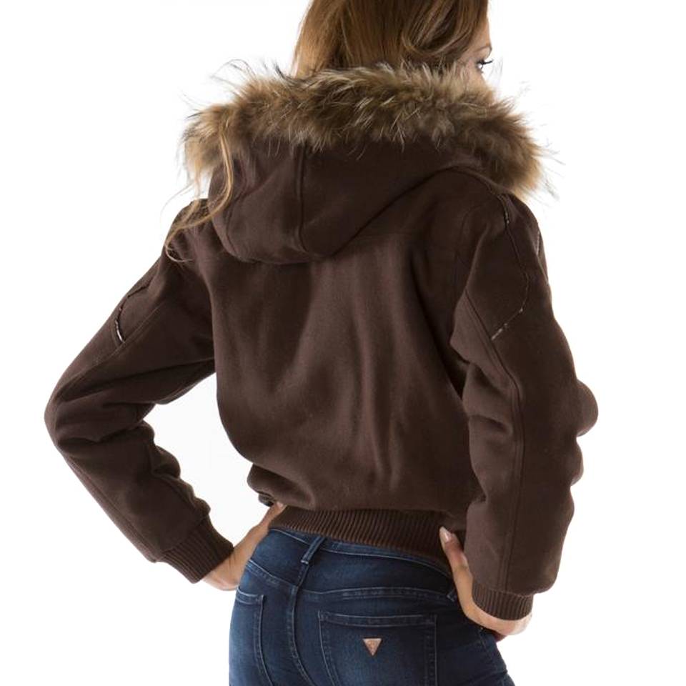 Pelle Pelle Women Bellow Pocket Espresso Fur Hood Wool Jacket