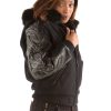 Pelle Pelle Women Black Shoulder Crest Script Fur Hood Wool Jacket