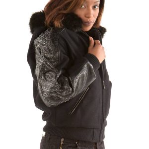Pelle Pelle Women Black Shoulder Crest Script Fur Hood Wool Jacket