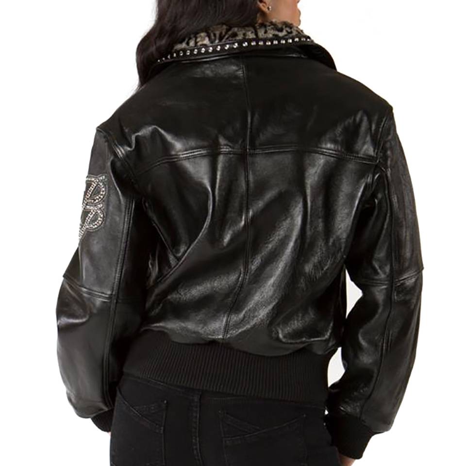 Pelle Pelle Women Black Spotted Fur Collar Biker Leather Jacket