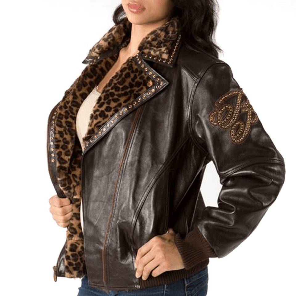 Pelle Pelle Women Dark Brown Spotted Fur Collar Biker Jacket