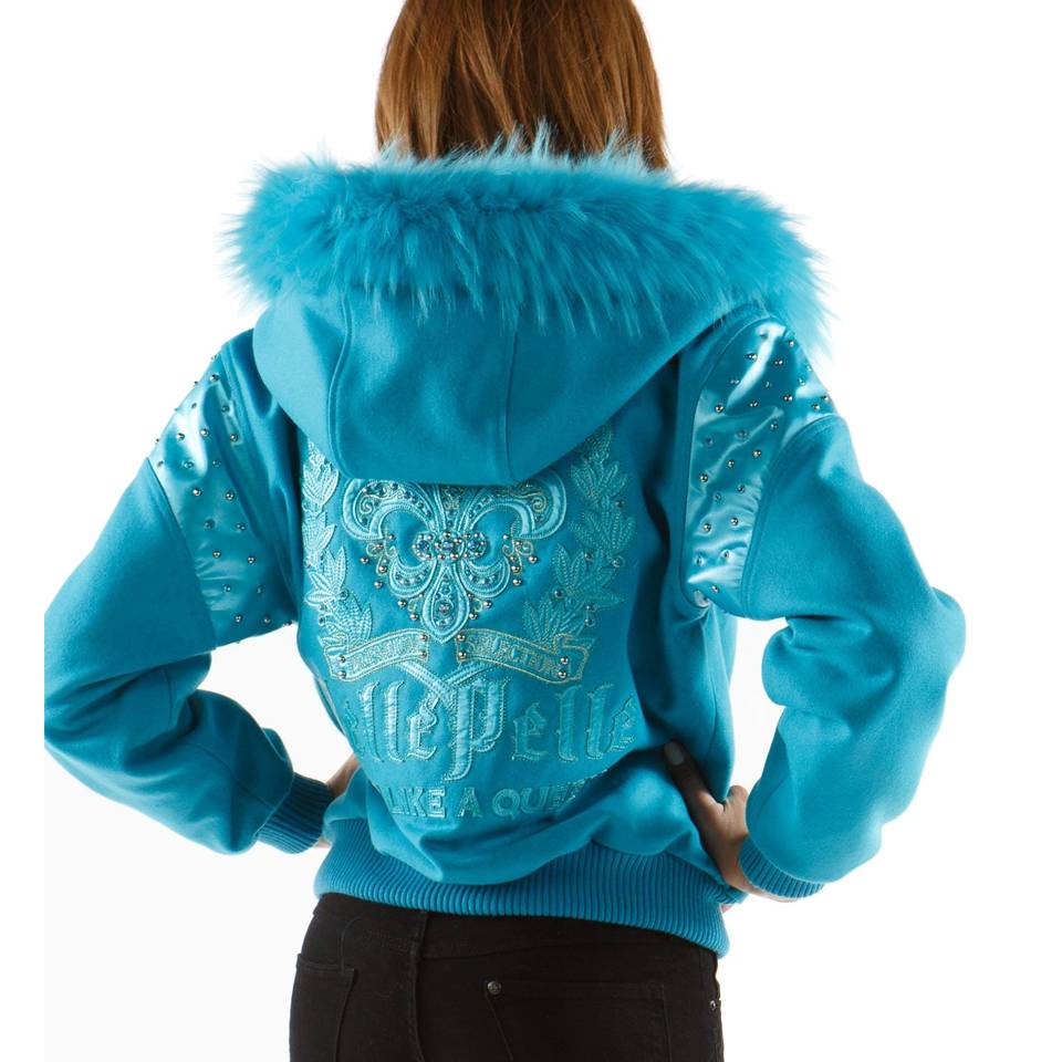 Pelle Pelle Women Live Like a Queen Blue Fur Hooded Wool Jacket