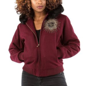 Pelle Pelle Women MB Crest Maroon Fur Hood Jacket