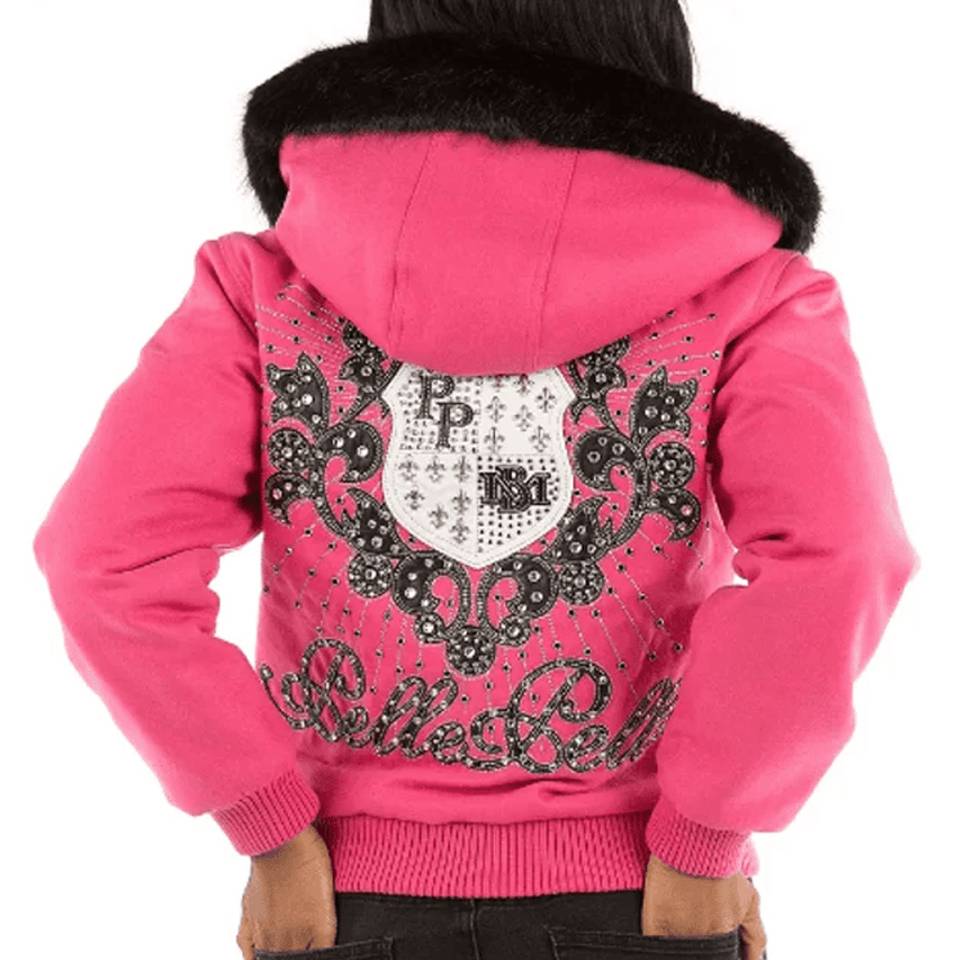 Pelle Pelle Women MB Crest Pink Fur Hooded Wool Jacket
