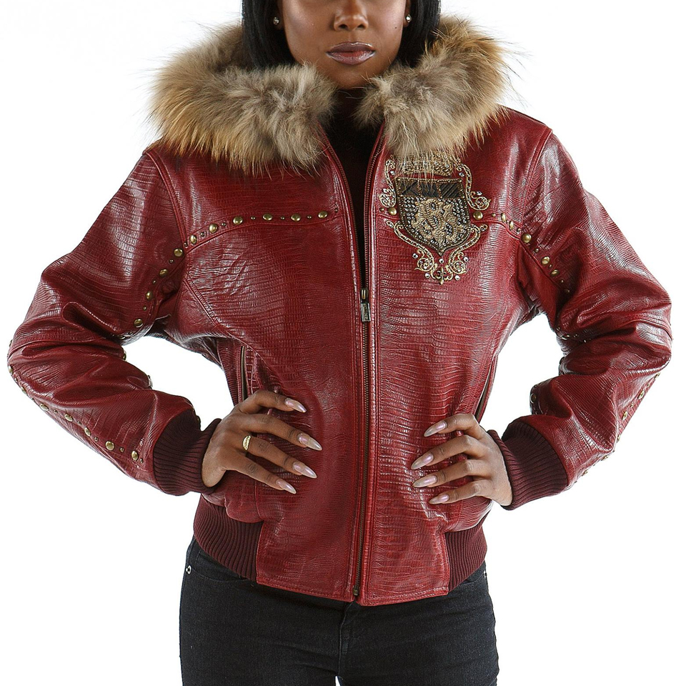 Pelle Pelle Women MB Emblem Fur Hood Maroon Jacket