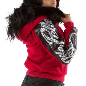Pelle Pelle Women Red Shoulder Crest Script Fur Hood Jacket