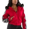 Pelle Pelle Women Red Shoulder Crest Script Fur Hood Jacket