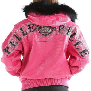 Pelle Pelle Women Shoulder Crest Pink Fur Hooded Leather Jacket