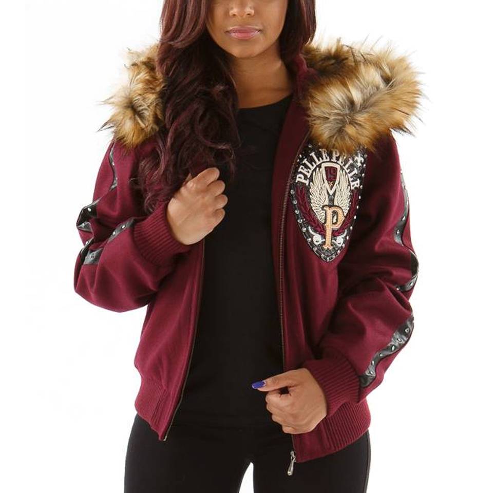 Pelle Pelle Women Strength and Beauty MB Maroon Fur Hood Jacket