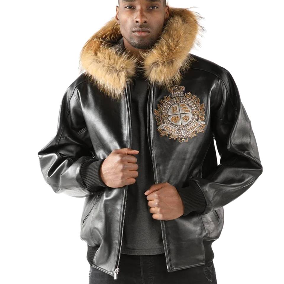 Pelle Pelle World Wide Crest Black Fur Hood Jacket