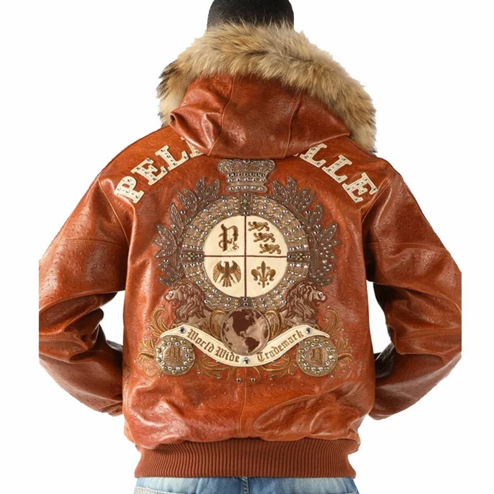 Pelle Pelle World Wide Crest Brown Fur Hood Leather Jacket