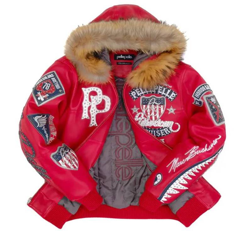 Red Pelle Pelle American Bruiser MB Fur Hooded Leather Jacket