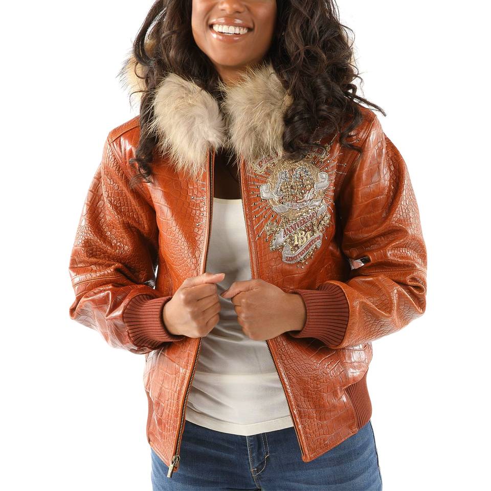 Women Pelle Pelle 40th Anniversary Brown Fur Hooded Leather Jacket
