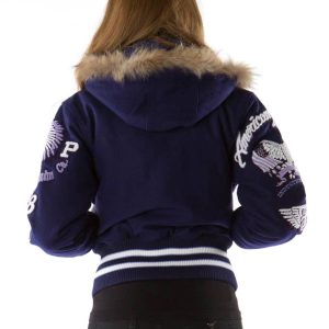 Women Pelle Pelle American Legend Varsity Purple Fur Hood Wool Jacket