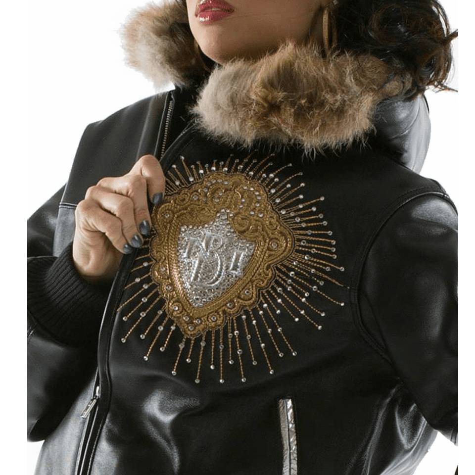 Women Pelle Pelle Platinum & Diamonds Black Fur Hood Jacket