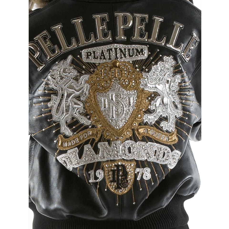 Women Pelle Pelle Platinum & Diamonds Black Fur Hood Leather Jacket