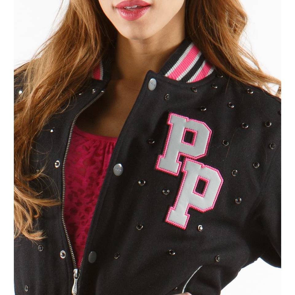 Women Pelle Pelle Studded Varsity Black Wool Jacket
