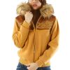Women Pelle Pelle Supreme Club Mustard Fur Hood Jacket