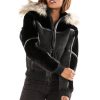Women Pelle Pelle Yoke Shearling Fur Hood Black Jacket