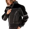 Women Pelle Pelle Yoke Shearling Fur Hood Black Wool Jacket