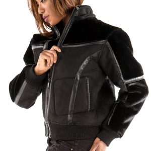 Women Pelle Pelle Yoke Shearling Fur Hood Black Wool Jacket