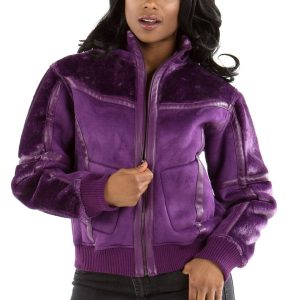 Women Pelle Pelle Yoke Shearling Fur Hood Purple Jacket