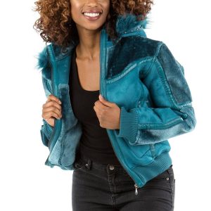 Women Pelle Pelle Yoke Shearling Fur Hood Turquoise Jacket