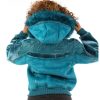 Women Pelle Pelle Yoke Shearling Fur Hood Turquoise Wool Jacket