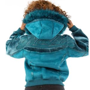 Women Pelle Pelle Yoke Shearling Fur Hood Turquoise Wool Jacket